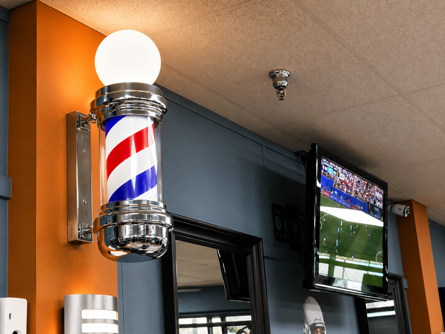 Classic barber pole detail inside Twins Barber Shop in Phoenix