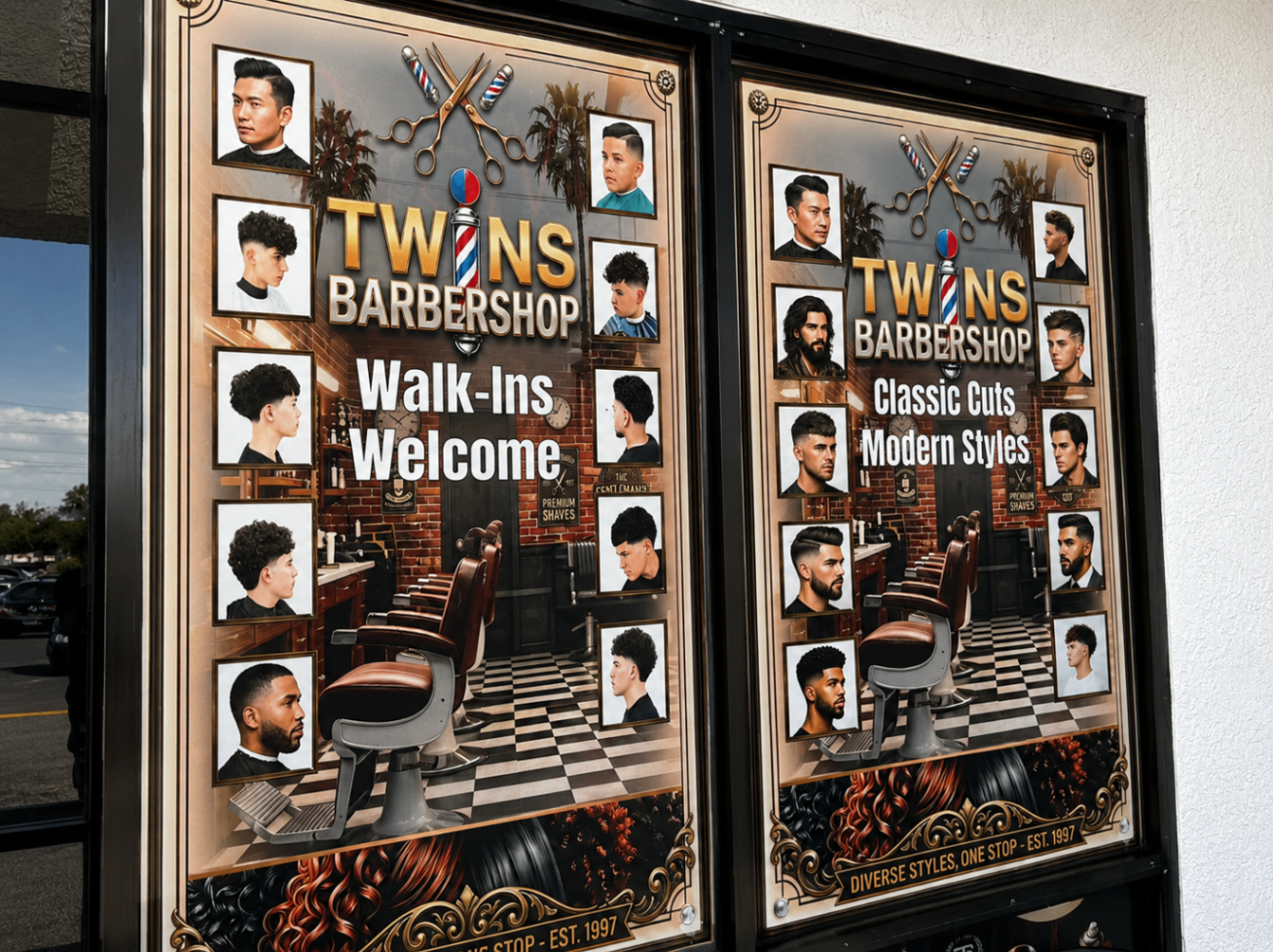 Twins Barber Shop storefront posters showing haircut styles and walk-ins welcome signage