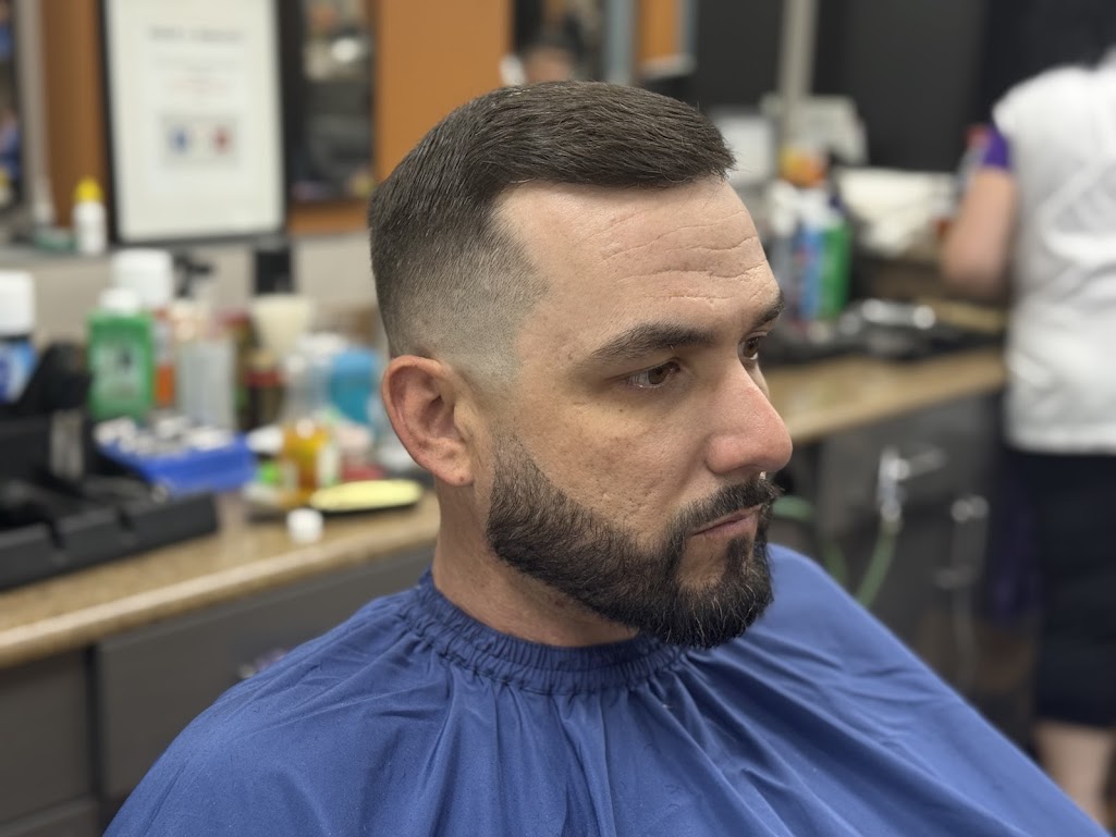 Low taper fade with full beard trim — Twins Barber Shop Thunderbird