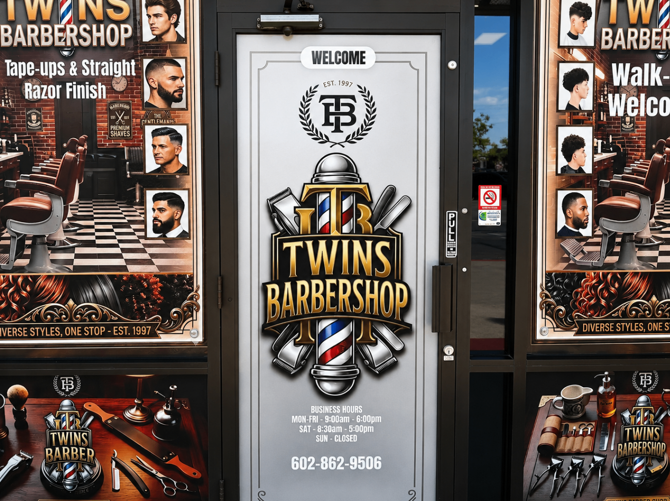 Twins Barber Shop entrance door with branded welcome design and storefront window graphics