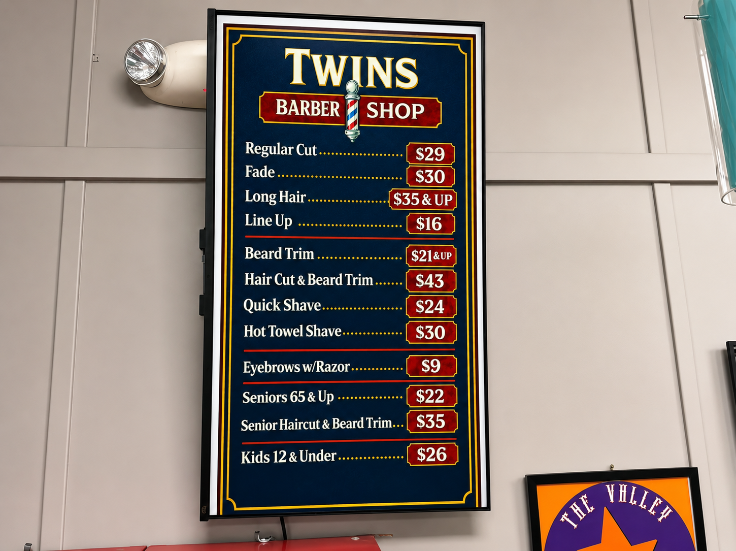 Twins Barber Shop service menu board with haircut, shave, beard trim and kids cut prices